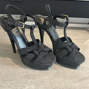 Yves Saint Laurent Black Chunky Heels with Strappy Design